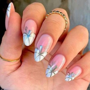 Halloween Fake Nails Medium Almond French Tip Press on Nails Pink Full Cover Pumpkin False Nails with Sliver Line Designs Glossy Glue on Nails Manicure Artificial Acrylic Nails for Women Girls 24Pcs