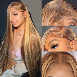 28 Inch Honey Blonde Ombre Straight Human Hair HD Lace Front Wig Pre Plucked 13X4
