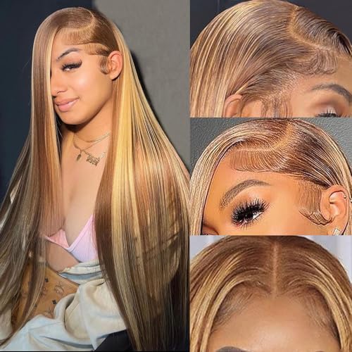 28 Inch Honey Blonde Ombre Straight Human Hair HD Lace Front Wig Pre Plucked 13X4