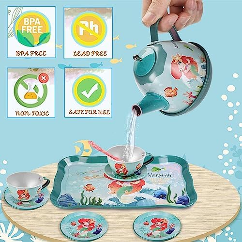 48pc Mermaid Tea Party Set for Little Girls,Birthday Gifts for Age 3 4 5 6 Year Old Girls,Pretend Tin Teapot, Cups, Plates,and Food Sweet Treats Playset for Princess Tea Time Play Kitchen Toys - Image 5
