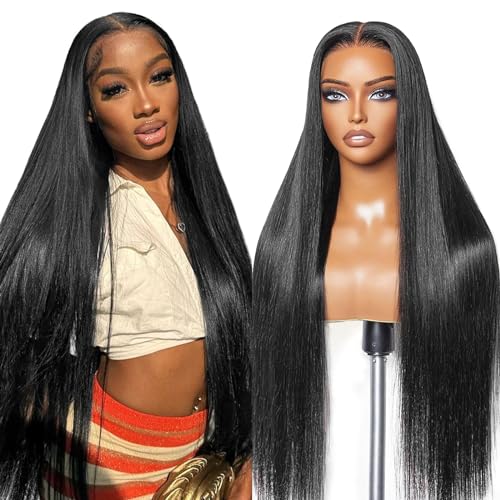 Wear And Go Glueless Wigs Human Hair Pre Plucked Pre Cut 24inch 5x5 HD Transparent Lace Closure Wigs Human Hair For Women Straight Lace Closure Human Hair Wigs 180% Density Natural Black Color