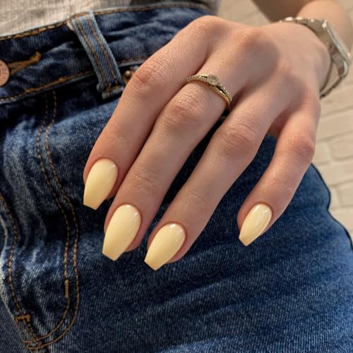 24 PCS Baby Yellow Medium Coffin Press on Nails Short Acrylic Glue Ons - Image 2