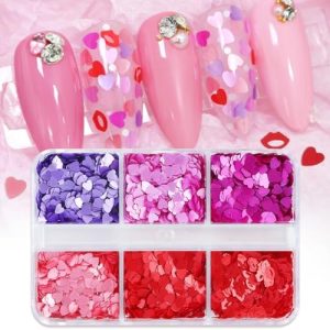 6 Grids Heart Nail Art Glitters Sequins Valentine's Day Nail Art Decoration 3D Heart Nail Decals Love Heart Red Lips Nail Art Design Holographic Heart Confetti Glitter Flakes Makeup DIY Manicure Decor