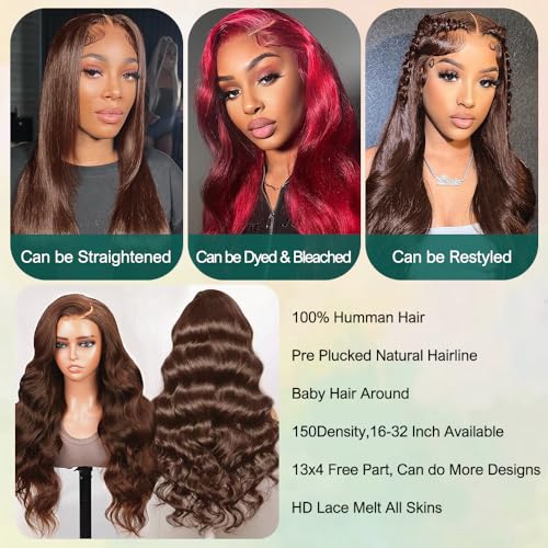 Brown Wear and Go Glueless Wigs Human Hair Pre Cut 24 Inch 13x4 HD Lace Front Wig Chocolate Brown Body Wave Wig Pre Plucked with Baby Hair #4 Dark Brown Lace Closure Wigs 150 Density for Women - Image 5
