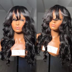 Glueless Lace Front Human Hair Wigs with Bangs Brazilian Virgin Hair Transparent Lace Frontal Wig for Black Women (22 Inch, Lace Front Wig)