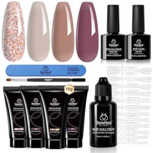 Beetles Poly Nail Extension Gel Kit, 7 Pcs Clear Jelly Glitter Golden Nude Brown Building Gel Enhancement Manicure Kit Top Base Coat Slip Solution Nail Art Design Soak Off UV Easy DIY Salon Home