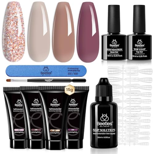 Beetles Poly Nail Extension Gel Kit, 7 Pcs Clear Jelly Glitter Golden Nude Brown Building Gel Enhancement Manicure Kit Top Base Coat Slip Solution Nail Art Design Soak Off UV Easy DIY Salon Home