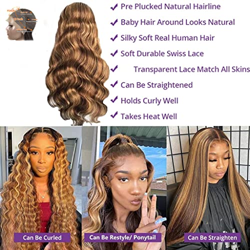 Manorshen Highlight 13x4 Lace Frontal Wigs Human Hair Ombre 4/27 Colored Honey Blonde Frontal Wigs Pre Plucked With Baby Hair 150% Density Body Wave Human Hair Lace Front Wig For Black Women - Image 4