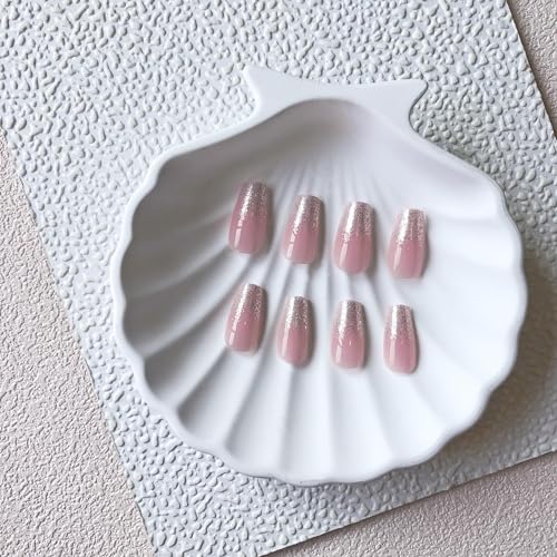 Gradient Pink Glitter Press on Nails Short Medium Square,Xcreando Pink Fake Nails Glue on,Artificial Nails Medium Length Coffin,T-shape Acrylic Nails False Nails for Women in 24PCS - Image 6