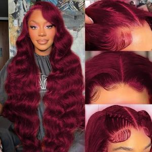 99J Burgundy Lace Front Wigs Human Hair Glueless Wigs Human Hair Pre Plucked Pre Cut Body Wave Lace Front Wigs Human Hair Pre Plucked Closure Wigs Human Hair Wear and Go Glueless Wig 4X4 18 Inch