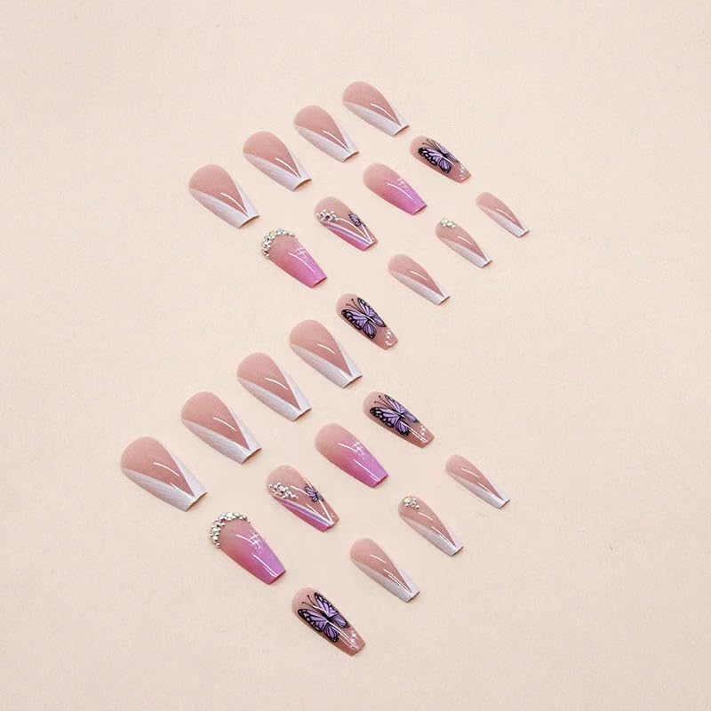 Cute Medium Length Square Glitter Glossy Press on Nails with Designs 3D Rhinestone Cute Kawaii Fake Nails 24Pcs for Woman (Medium Square Purple Butterfly White French Rhinestone) - Image 2