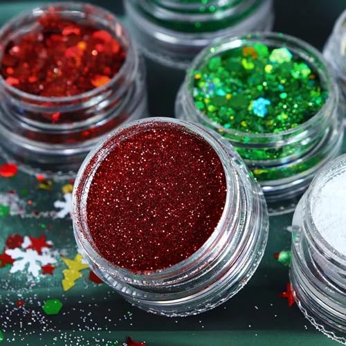 Christmas Nail Glitters Christmas Tree Snowflakes Nail Sequins Red Green Mixed Xmas Designs Powder Hexagon Chunky Glitter Flakes Nail Art Glitter Christmas Nail Accessories for DIY Nail Craft - Image 8