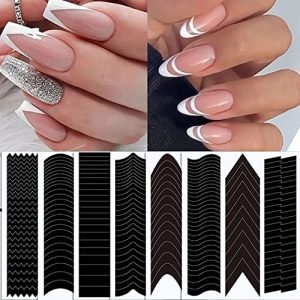 6 Sheets French Manicure Nail Art Stickers 3D Self -Adhesive French Tip V-Shaped Stencils Edge Auxiliary Nail Sticker Decals Nail Stencils for Designer Nail Decoration Nail Guides for DIY Nail Tools
