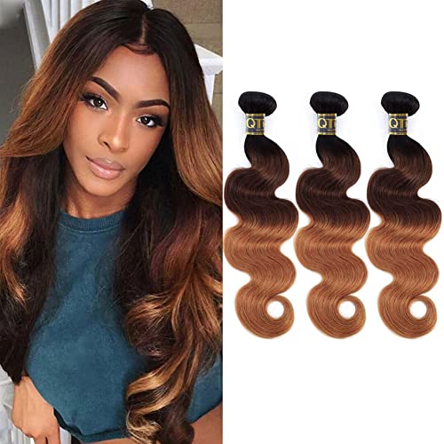 QTHAIR 12A Brazilian Virgin Ombre Hair Body Wave Hair Weave Three Bundles Virgin Ombre Human Hair T1B/4/30(16" 14" 12") Unprocessed Virgin Human Hair Dark Roots 3 Tone 1B/4/30 Body Wave Bundles