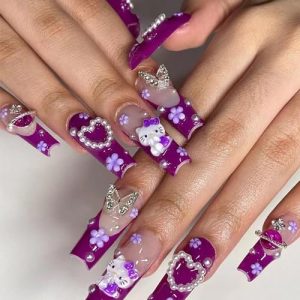 Holiday Press on Nails Long Coffin French Tip Purple Fake Nails with 3D Cat and Flower Designs for Women
