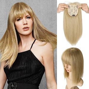 FELENDY Hair Topper with Bangs 14" Silk Base Crown Top Hair Piece 200% Density Clip in Extensions for Thinning Gray Hair Women Light Ash Blonde