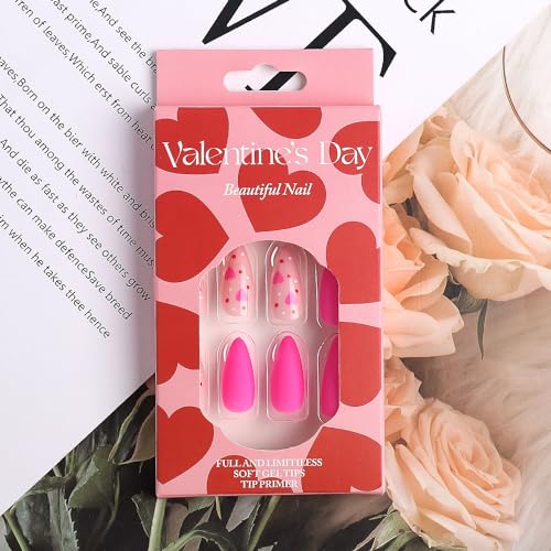 Valentine's Day Press On Nails Medium Almond Heart Fake Nails,Barbie Pink Hearts Design Frosted Gel Acrylic Nails Kit, Valentines Day Nail Accessories Decorations 24Pcs (BarbiePinkHeart) - Image 6