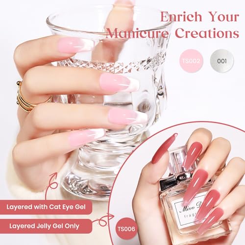 MIZHSE Jelly Gel Nail Polish Set with Classic Cateye Gel Nail Polish Gold Sliver, Translucent Nude Pink Brown Basic Colors with Glitter Cat Eye Gel and Magnet, Soak Off Nail Salon Home Manicure Gift - Image 3