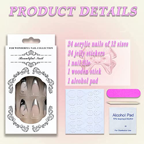 24 Pcs Y2K Press on Nails Medium Almond French Tip Fake Nails Full Cover False Nails with Stars Designs Glossy Glitter Acylic Nails with Planet Rhinestones Artificial Nails for Girls Women - Image 3