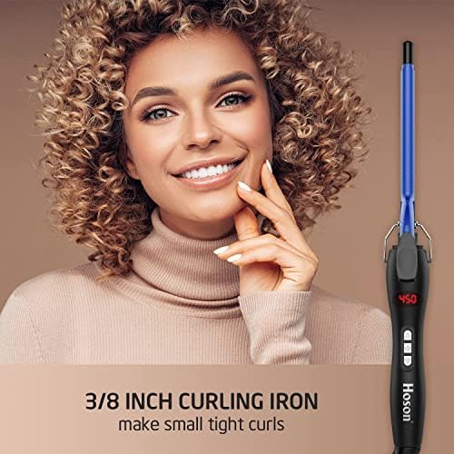 9mm Thin Curling Iron Ceramic, 3/8 Inch Small Barrel Curling Wand for Long & Short Hair, LCD Display with 9 Heat Setting Include Glove(Blue) - Image 2