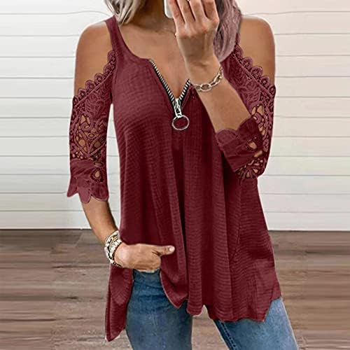 Women's Summer Tops 2024 3/4 Sleeve Lace Blouse Cold Shoulder Tunic Top Zipper V Neck Tee Tops Loose Casual T Shirts - Image 4