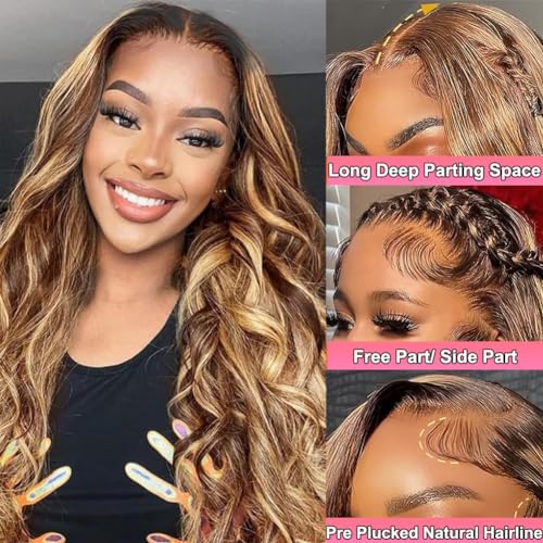26 Inch Honey Blonde Body Wave Ombre 4/27 Highlight Human Hair 180% Density HD Lace Front Wig Pre Plucked - Image 2