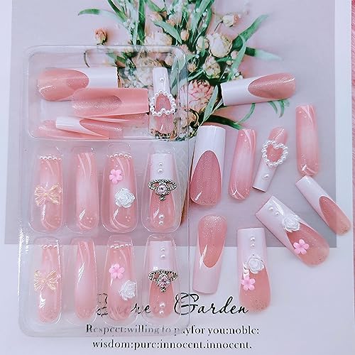 Square Press on Nails Long - White French Tip Extra Long Fake Nails Press ons,24 Pcs Flower Pearl Charms Design Glue on Nails Pink Acrylic Nails Glossy Full Cover False Nail For Women - Image 5
