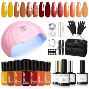 Modelones Fall Gel Manicure Kit With U V Light Starter, 7 Shades Of Yellow Orange Glitter Red Gel Nail Polish Kit Base & Top Coat Nail Polish Organizer, Anti-u v Gloves, Gift For Nail Curing At Home