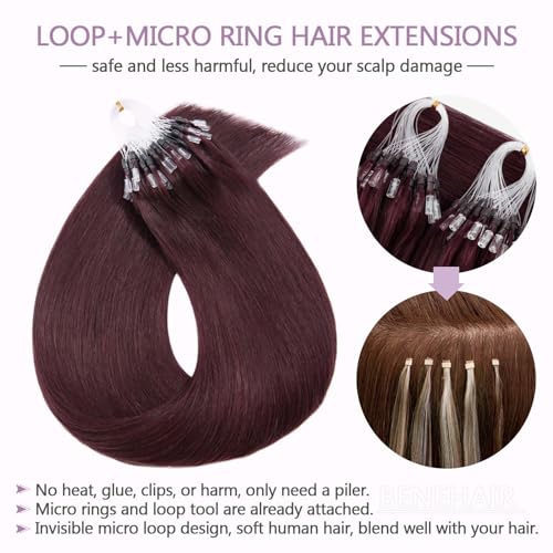 Benehair Micro Loop Human Hair Extension 1g/strand 50g Micro Beads Remy Straight Hair Extension for Women Nano Rings Beads Stick Tipped Hair Fish Line Ring Hairpiece 22inch #99J Wine Red - Image 2
