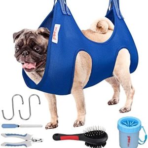Dog Grooming Supplies – Dog Hammock with Dog Nail Trimmers, Nail File, Comb, Paw Cleaner – Comfortable and Safe Design – Dog Grooming Harness Ideal for Salons, Home Use