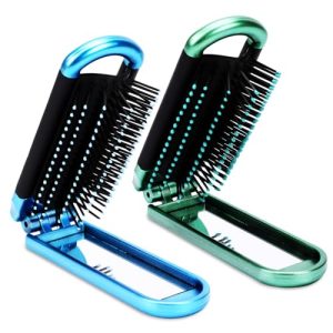 Mini Hair Brush,2 Pcs Folding Hair Brush Travel Hair Brush Compact Hair Brush with Mirror for Women Girls,Massage Comb Pocket Hair Comb for Travel. Gym, Trip, Purse, Swimming (Blue & Green)