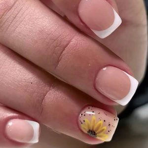 24Pcs Press on Nails Short Pink Fake Nails with Sunflower Spot Designs French Tip False Nails Square Artificial Nails Glossy Stick on Nails White Glue on Nails Cute Acrylic Nails for Women Manicure