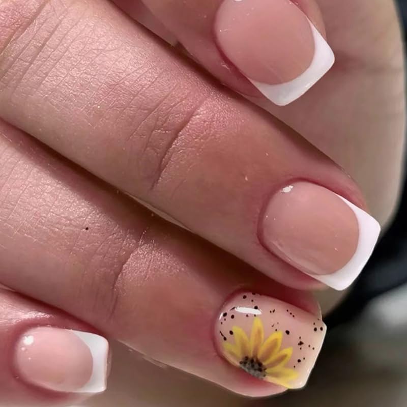 24Pcs Press on Nails Short Pink Fake Nails with Sunflower Spot Designs French Tip False Nails Square Artificial Nails Glossy Stick on Nails White Glue on Nails Cute Acrylic Nails for Women Manicure