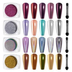 Beetles 24Pcs Gel Nail Polish Kit with Chrome Nail Art 4 Colors 0.5g/Jar, Cat Eye Changing Glitter Gel Polish Set with Holographic Gold Silver Pink Metallic Mirror Chrome Nail Powder Christmas Gift
