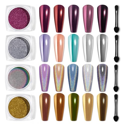 Beetles 24Pcs Gel Nail Polish Kit with Chrome Nail Art 4 Colors 0.5g/Jar, Cat Eye Changing Glitter Gel Polish Set with Holographic Gold Silver Pink Metallic Mirror Chrome Nail Powder Christmas Gift