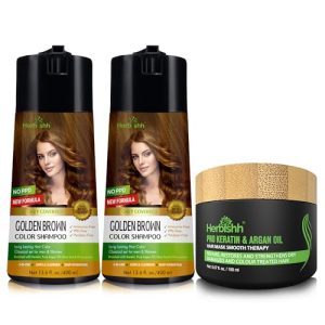 Herbishh Ultimate Combo Hair Color Shampoo Golden Brown 400ml Pack of 2 for Gray Hair + Argan Hair Mask 150gm for Conditioning & Hydration | Shampoo Para teñir el cabello | Long Lasting & DIY |