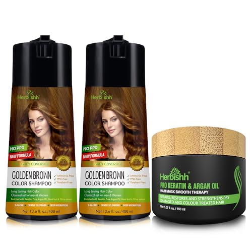 Herbishh Ultimate Combo Hair Color Shampoo Golden Brown 400ml Pack of 2 for Gray Hair + Argan Hair Mask 150gm for Conditioning & Hydration | Shampoo Para teñir el cabello | Long Lasting & DIY |
