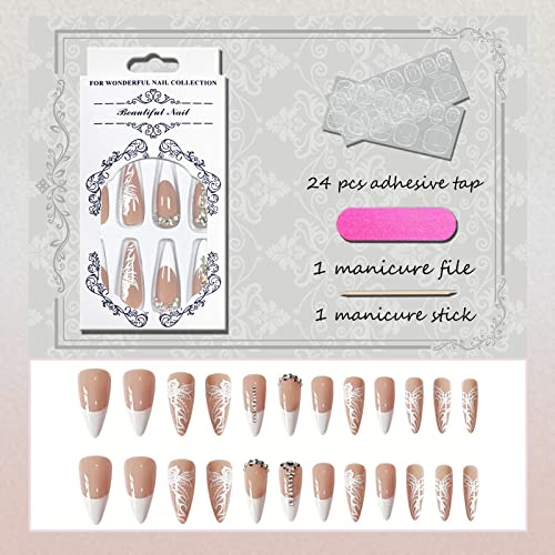VOTACOS Press on Nails Long Stiletto Fake Nails Nude False Nails with White Rose Design Glitter Full Cover Stick on Nails for Women… - Image 3