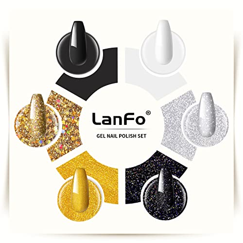 LanFo 6-Color Gel Nail Polish Kit including Black, White, and Glitter for Home Manicure - Image 2
