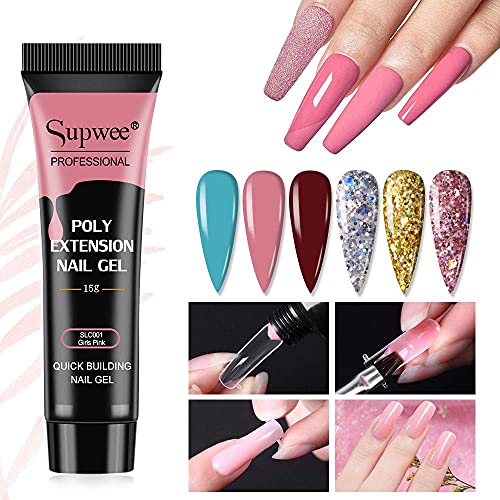 Glitter Poly Nail Gel Set 6 Colors Builder Nail Extension Gel Diamond Nail Extender Gel Kit with Poly Nail Forms Varnish Soak Off UV Gel Manicure Nail Salon Set - Image 6