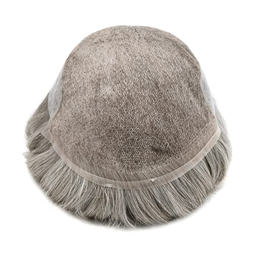 Toupee for men Swiss lace Front Bleached Knots Natural Hairline Mens Toupee Human Hair Replacement Systems Handmade Hairpieces For Men Gray Black Brown Men Hair Units. (7X9"-100% Light to medium Density, 380# Dark Brown with 65% Synthetic Grey) - Image 5
