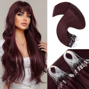 Benehair Micro Loop Human Hair Extension 1g/strand 50g Micro Beads Remy Straight Hair Extension for Women Nano Rings Beads Stick Tipped Hair Fish Line Ring Hairpiece 22inch #99J Wine Red