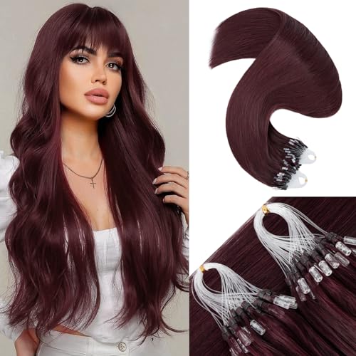 Benehair Micro Loop Human Hair Extension 1g/strand 50g Micro Beads Remy Straight Hair Extension for Women Nano Rings Beads Stick Tipped Hair Fish Line Ring Hairpiece 22inch #99J Wine Red
