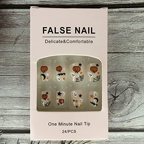 Short Square Halloween Press On Nails with Pumpkin Moon Star Ghost Design for Women - Image 5