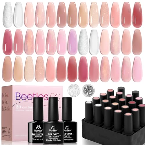 beetles Gel Polish Gel Nail Kit with Base Top Coat-20 Colors Industrial Wave Collection with Jelly Gel Nail Polish Set 20 Colors Neutral Sheer Nude Pink Glitter White Color Soak Off UV Gel Kit - Image 6
