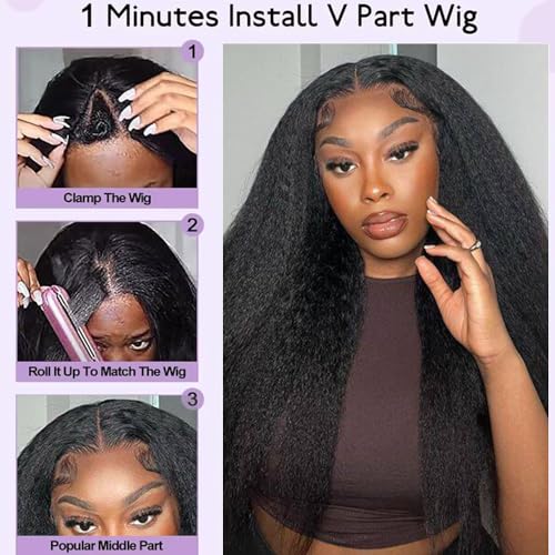 210% Density V Part Kinky Straight Wig Human Hair Beginer Friendly Gluless Updated U Part Wigs For Women V-Part Clip in Wigs No Leave Out V-shape Half Wigs Natural Color (24 Inch) - Image 3