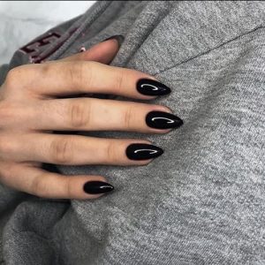 Black Press on Nails Almond Shape,KXAMELIE Glue on Nails Medium Acrylic Nails Press on with Solid Glossy Nude Color Design Fake Nails Set for Women Girls Daily Wear in 24PCS
