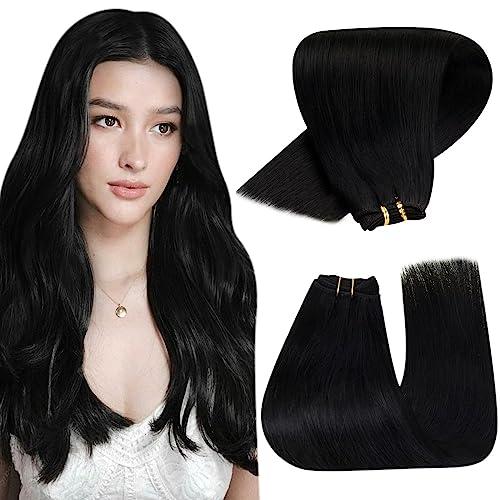 Hetto Black Weft Hair Extensions Human Hair Weft Extensions Remy Human Hair 14 Inch 80g #1 Jet Black Sew in Human Hair Weft Extension