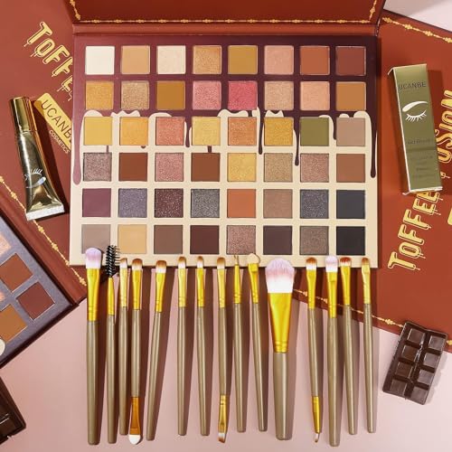 UCANBE Toffee Fusion 48 Color Eyeshadow Palette with 15 Brushes and Primer Neutral Matte Shimmer Glitter Makeup Kit - Image 2