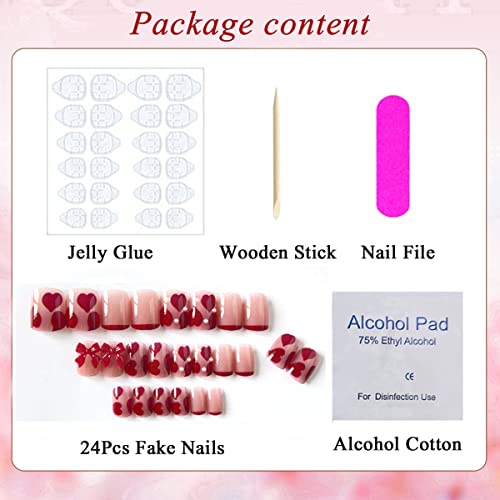 24pcs Heart Press on Nails Short Square Valentine’s Day Fake Nails Full Cover Nude Pink Acrylic Nails with Romantic Heart Shape Design Glue on Nails Red Heart False Nails for Women Girls 24Pcs - Image 6